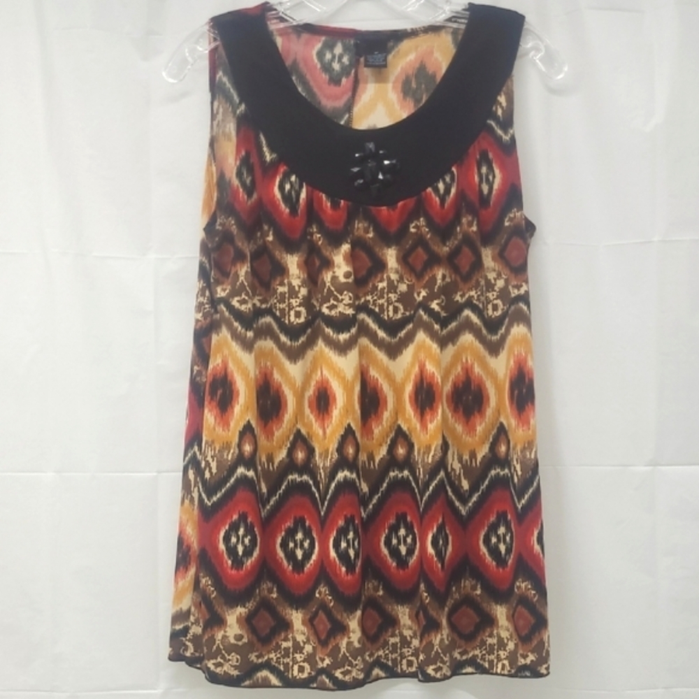 Beaded Tank Top Yellow Multicolored Sleeveless Blouse Tribal Geometric Print EUC